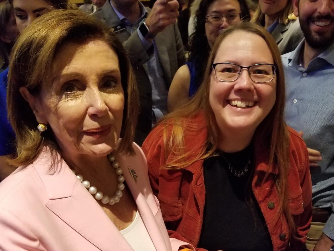 Sara Avery with Speaker Nancy Pelosi at local town hall
