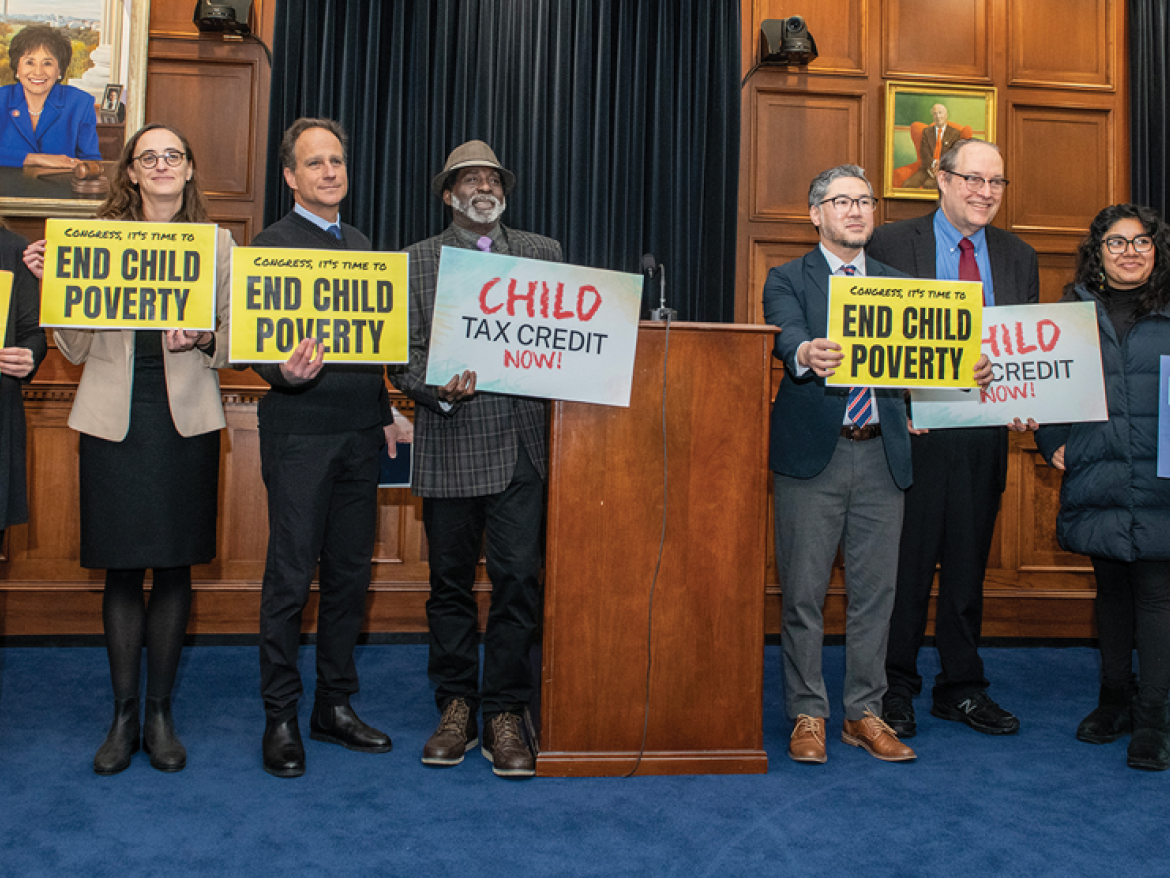 Rep. Rosa de Lauro (CT-03, far left) and Sen. Sherrod Brown (OH, far right) joined Bridget Moix and other faith leaders at a press conference in Congress. 