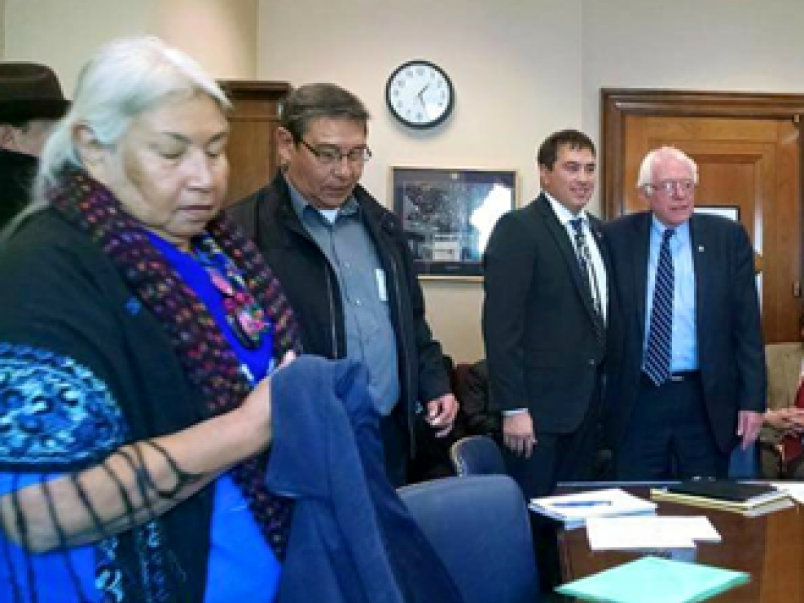 Chad Harrison meets with Senator Bernie Sanders of Vermont, along with other tribal members, in December 2016.