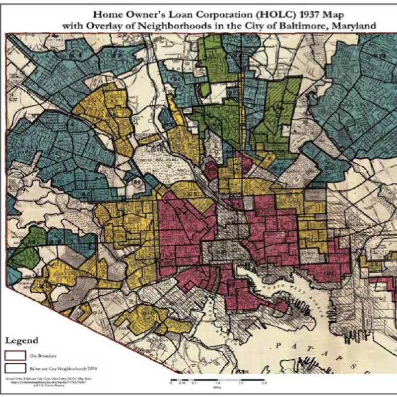 In the original “redlining” map of Baltimore, predominantly black neighborhoods were identified in red as poor locations for government mortgage backing.